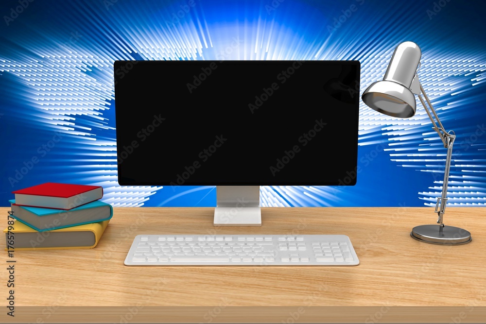 Poster composite image of a computer over a desk