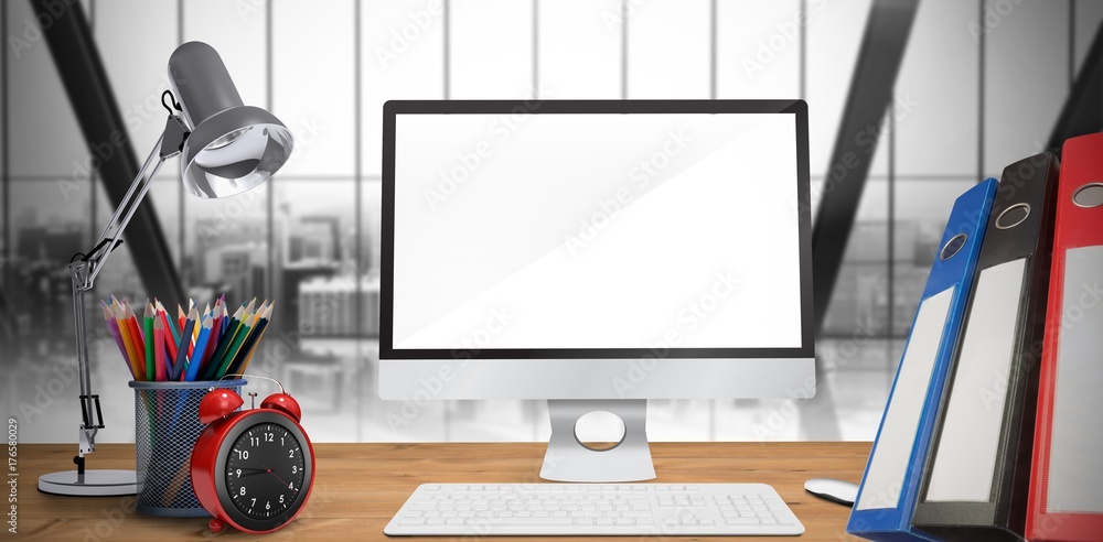 Poster composite image of image of a desk with computer
