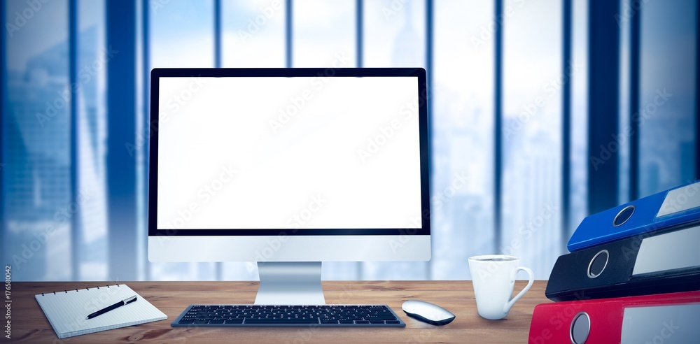 Poster composite image of image of a desk with computer