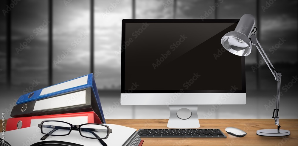 Poster composite image of image of a desk with computer