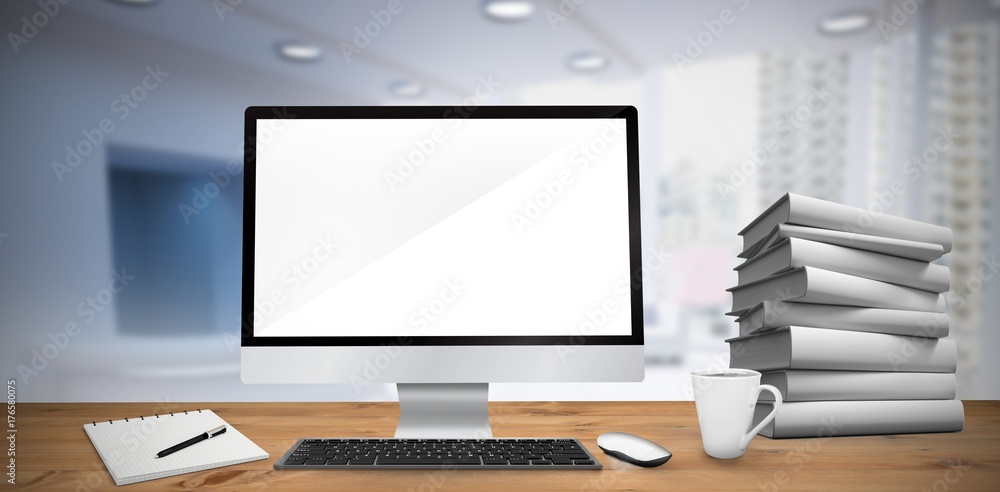 Poster composite image of image of a desk with computer