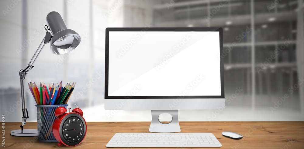 Poster composite image of image of a desk with computer