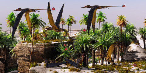 Rhamphorhynchus Jurassic Habitat - Rhamphorhynchus reptile birds take to the air from a rookery on a cliff top in the Jurassic Period. © Catmando