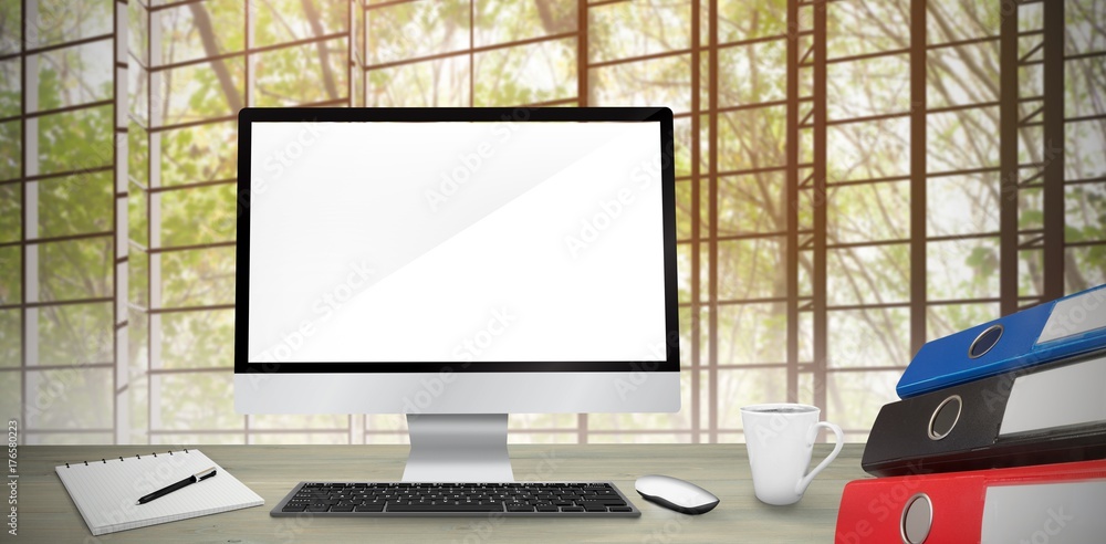 Poster composite image of image of a desk with computer