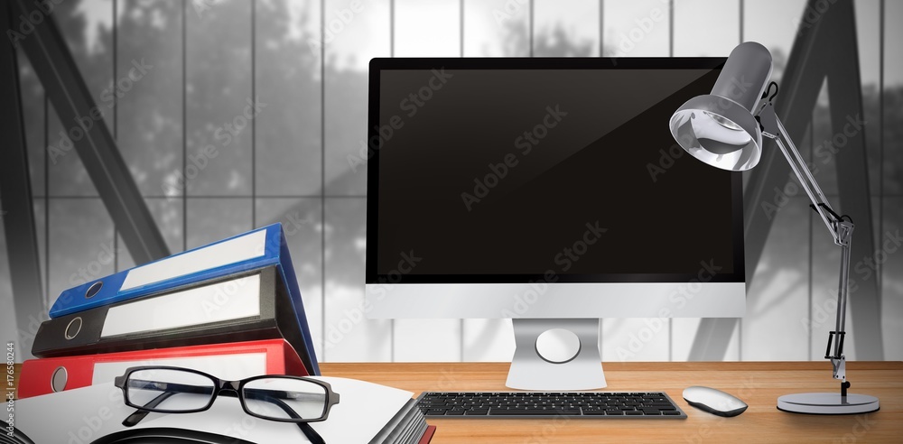 Poster composite image of image of a desk with computer
