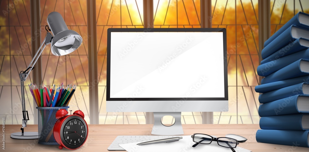 Poster composite image of image of a desk with computer