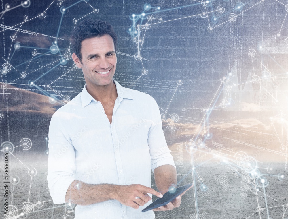Poster Composite image of portrait of smiling man using tablet computer
