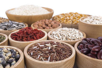 Cereal grains , seeds, beans isolate on white background.