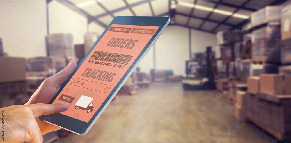 Poster composite image of man using tablet pc
