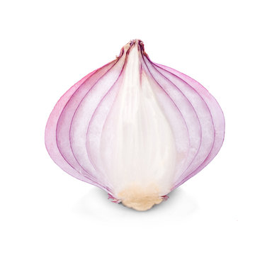 Slices of shallot onions for cooking on white background.