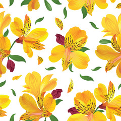 Flower seamless pattern with beautiful yellow alstroemeria lily flowers on white background template. Vector set of blooming floral for wedding invitations and greeting card design. 