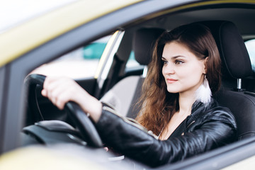 Fototapeta na wymiar Young beautiful girl driving a car