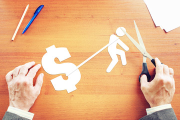 Man has a lot of hard financial problems. Abstraction with paper scrapbooking