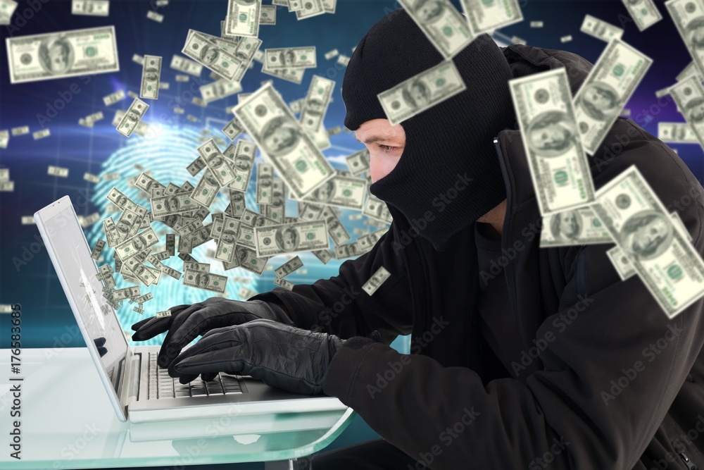 Poster composite image of robber sitting at desk hacking a laptop