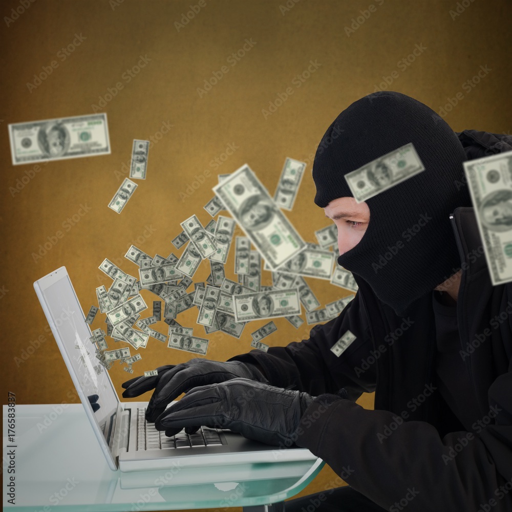 Poster composite image of robber sitting at desk hacking a laptop