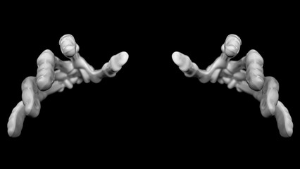 Closeup view of the front two skeleton hands reaching towards the viewer as if to touch or grab.