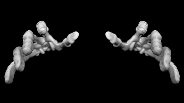 Closeup view of the front two skeleton hands reaching towards the viewer as if to touch or grab.