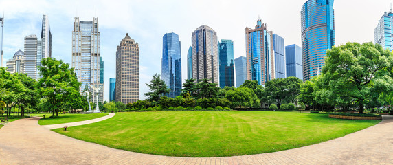 Shanghai lujiazui financial district commercial buildings and green park panorama
