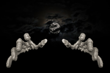 Moon with Skeleton Hands Reaching Forward