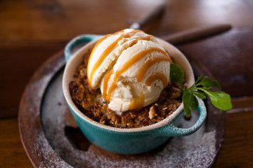 apple crumble dessert with ice cream