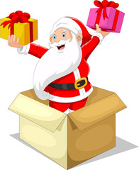 Vector illustration of Happy Santa holding gift box