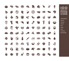 100 healthy food icons for menus, infographics, design elements. Vector illustration - 176585858