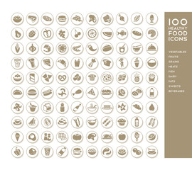 100 healthy food icons for menus, infographics, design elements. Vector illustration - 176585864