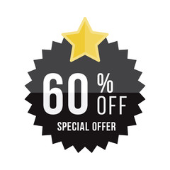 Black sticker and star with 60% off discount. Template of the emblem with special offer flat vector eps 10