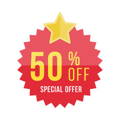 Red sticker and star with 50% discount. Template of the emblem with special offer flat vector eps 10