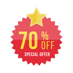 Red sticker and star with 70% discount. Template of the emblem with special offer flat vector eps 10