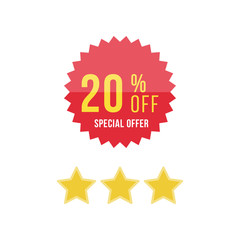 Red sticker and star with 20% discount. Template of the emblem with special offer flat vector eps 10