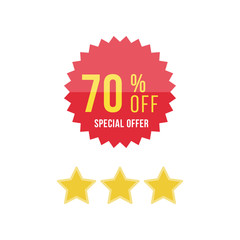Red sticker and stars with 70% discount. Template of the emblem with special offer flat vector eps 10