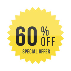 Yellow sticker with 60% discount. Template of the emblem with special offer flat vector eps 10
