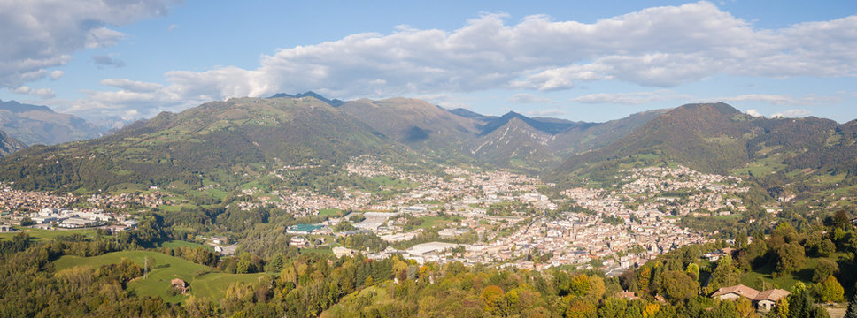 Drone aerial view to the villages of Leffe, Gandino, Casnigo, Peia and Cazzano Sant Andrea, located at Gandino Valley, Bergamo, Italy