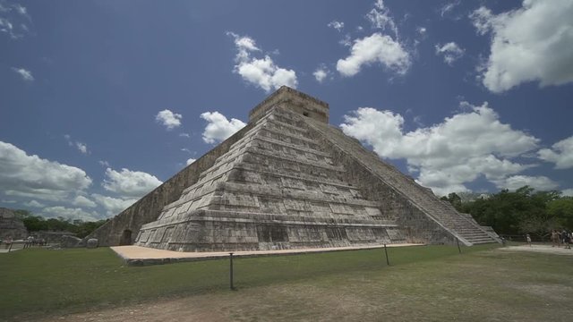 Panoramic view around ancient historical symbol pyramid of Mayas culture in summer suuny day