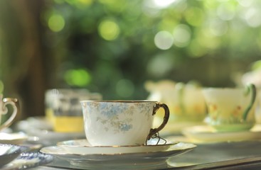 Group of Antique coffee cup in shop, old age, beautiful for decoration interior in house