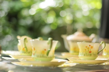 Group of Antique coffee cup in shop, old age, beautiful for decoration interior in house