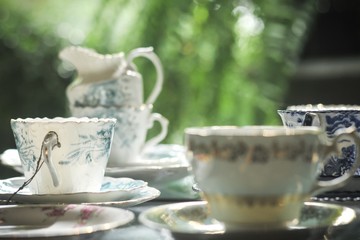 Group of Antique coffee cup in shop, old age, beautiful for decoration interior in house