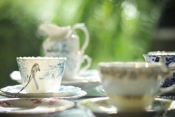 Group of Antique coffee cup in shop, old age, beautiful for decoration interior in house