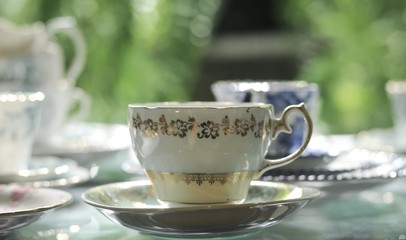 Group of Antique coffee cup in shop, old age, beautiful for decoration interior in house