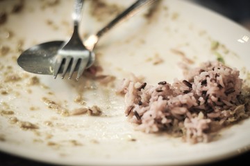 Plate and utensil, fork and spoon with crumbs food ,Remaining ,Thai food,Selective Focus