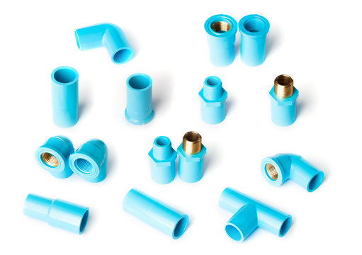Set collection of blue PVC fitting pipe on white background