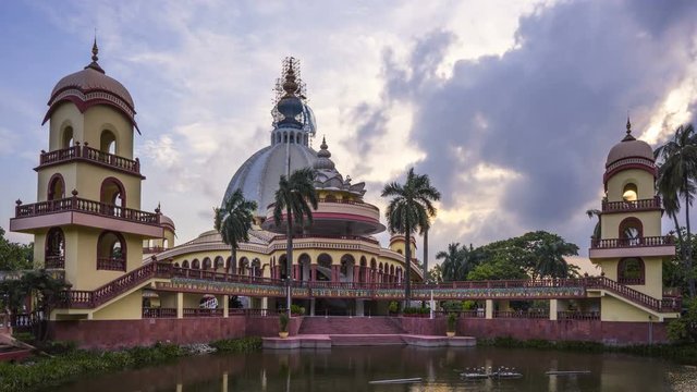 Hare Krishna temple in Mayapur, Bengal, sunset 4k time-lapse, Srila Prabhupada samadhi mandir