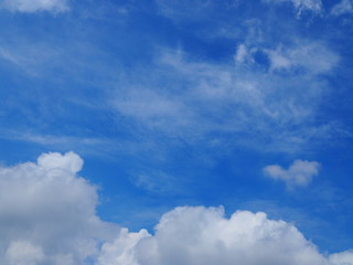 Blue bright sky with white big spread clouds, with gradient at the center, and grey chunk at the lower border as a frame