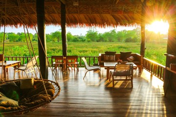 Lounge overlooking the fields rice in the morning interior background