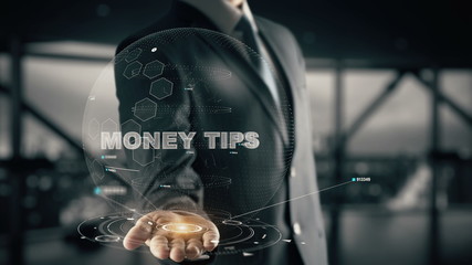 Money Tips with hologram businessman concept