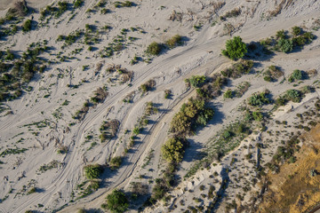 Desert sand and brush form patterns in the dry southwestern climate.