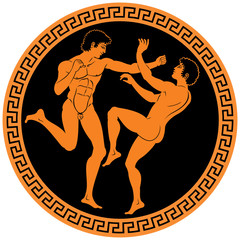 Pankration, wrestling and boxing fighters, Ancient Greece Martial Art and combat sport circle form vector illustration in red figure ceramic vase painting style