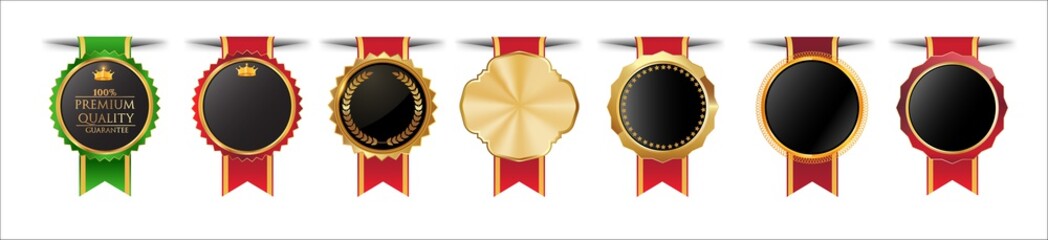 collection of quality  empty badges with gold border.elegant black , gold,green and red. Design elements labels, seals, banners, badges, scrolls,certificate and ornaments