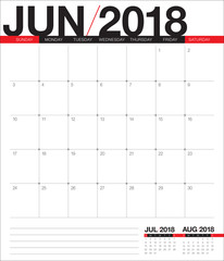 June 2018 calendar planner vector illustration